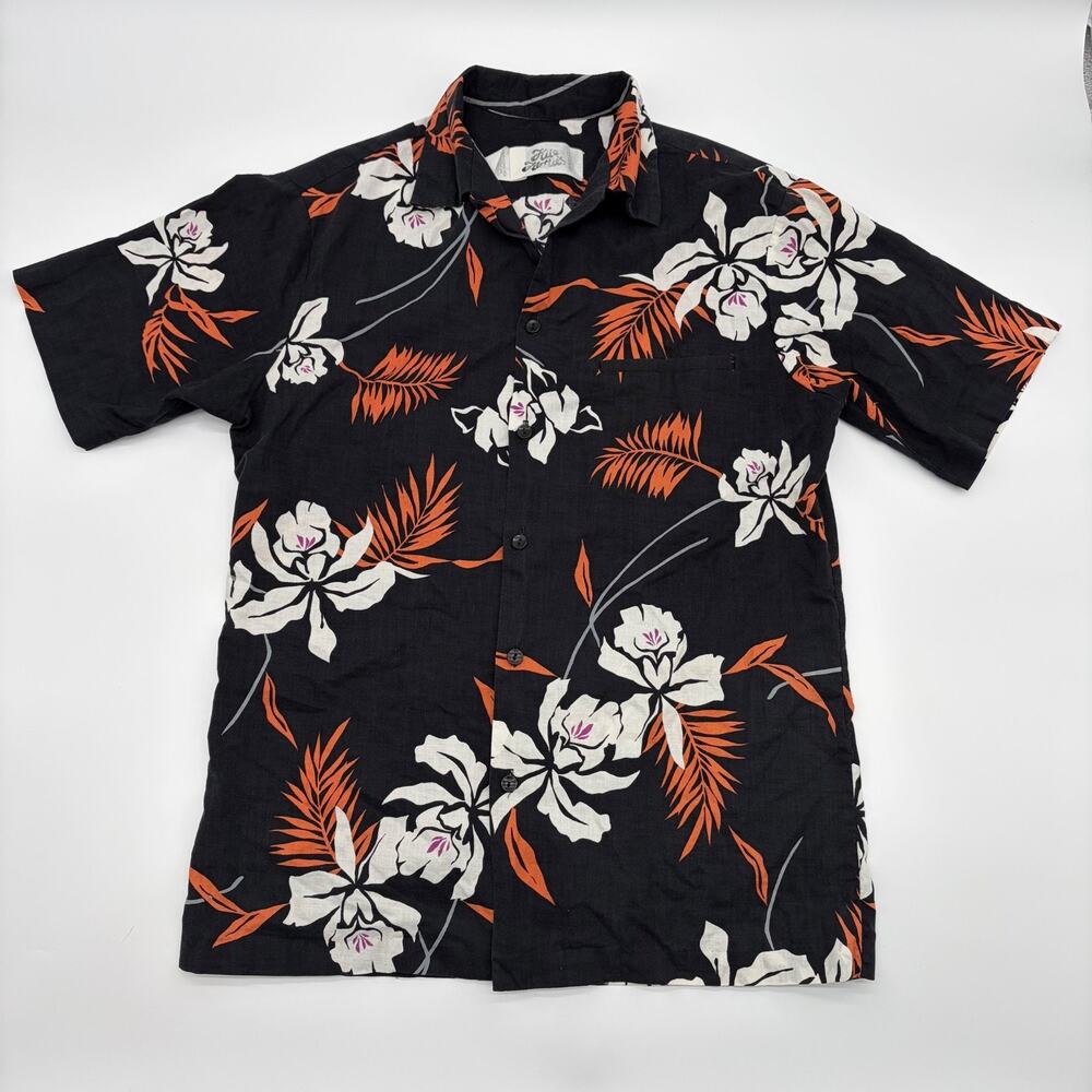Vintage HILO HATTIES  Hawaiian Shirt Orchid Fern Blue white Orange EXCELLENT Men